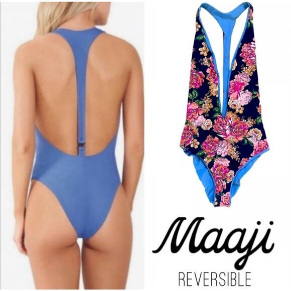 Maaji Reversible Cheeky Swimsuit One Piece Plunge NEW Blue Floral Size Large NWT - Picture 1 of 8